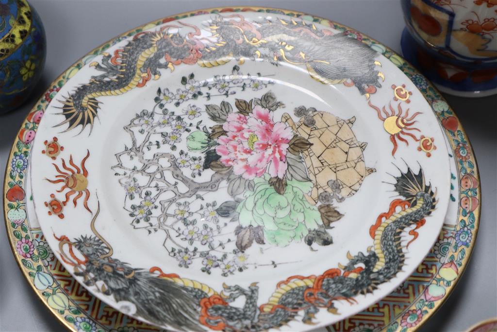 A 19th century Chinese cloisonne enamel vase, an 18th century Imari tea bowl and other Asian ceramics